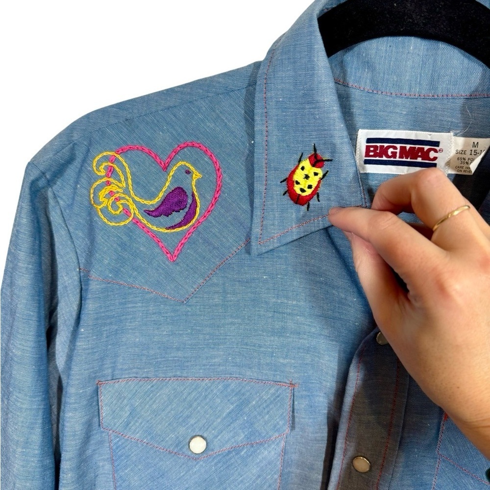 Vintage 70s BIG MAC Embroidered Rooster Chambray Western Shirt Pearl Snap - Picture 3 of 7